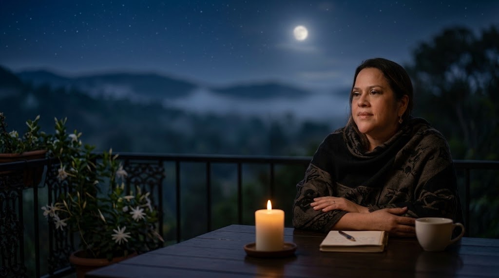 Fotografia intimista e contemplativa de uma mulher com traços semelhantes aos da autora do poema, sentada à noite numa varanda acolhedora. Ela veste um xale escuro com estampas discretas e apoia os braços numa mesa de madeira iluminada pela luz suave de uma vela. Sobre a mesa, veem-se um caderno com caneta e uma xícara. Ao fundo, sob um céu noturno estrelado com uma lua cheia a iluminar a paisagem em tom de mistério, o ambiente transmite um sentimento de profunda calma e reflexão.