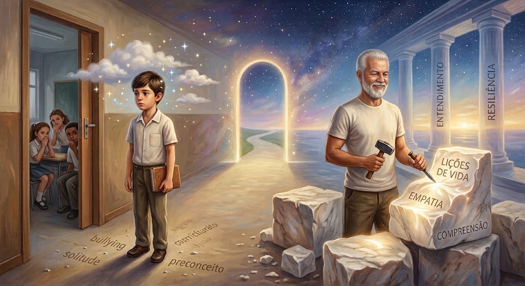 Ilustração dividida em duas partes que retrata a jornada de vida do autor. À esquerda, o menino Sergio, pensativo e sozinho à porta da sala de aula, enquanto colegas no fundo sussurram. À direita, Sergio adulto e sorridente, com cabelos e barba brancos, esculpe blocos de mármore com martelo e cinzel. Ao centro, um portal luminoso sob um céu estrelado conecta o passado do menino ao futuro do homem.
