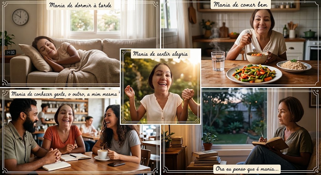 Colagem em cinco painéis ilustrando os versos do poema, mostrando a autora (mulher de cabelos castanhos curtos) em diferentes momentos: descansando no sofá, comendo de forma saudável na cozinha, expressando alegria radiante ao ar livre, conversando animadamente em um café e escrevendo à janela.