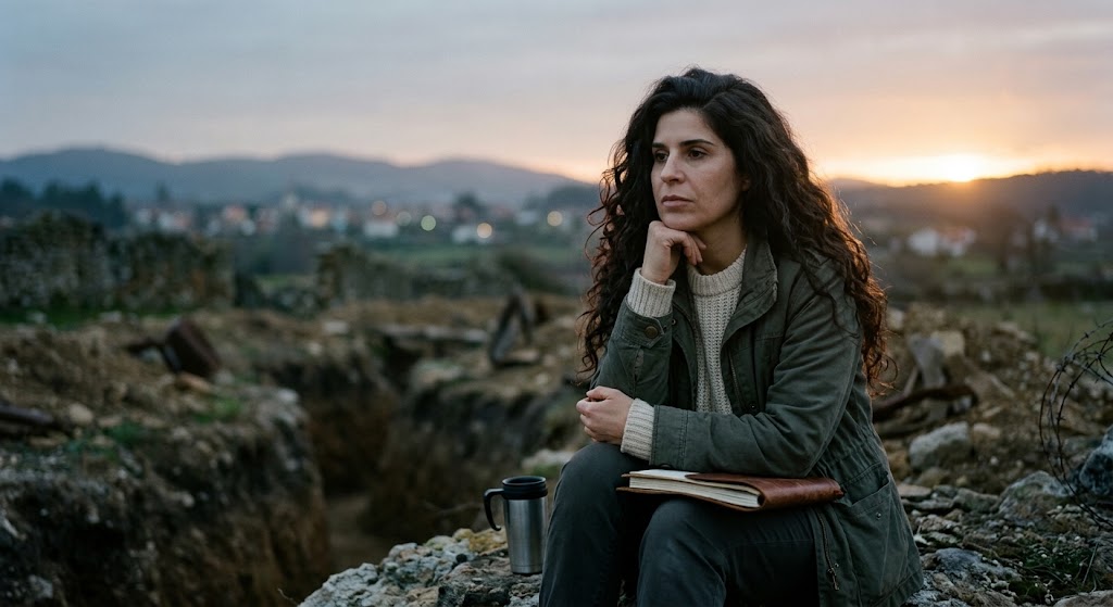 Uma mulher com longos cabelos cacheados escuros está sentada em um cenário rústico de ruínas de pedra ao pôr do sol. Ela veste uma jaqueta verde-oliva, um suéter de tricô creme e calças escuras. Ela está sentada com a mão no queixo, olhando para a distância com uma expressão pensativa. Ao seu lado, há uma caneca de aço inoxidável e um caderno aberto com uma capa de couro. O fundo mostra uma paisagem montanhosa com uma pequena cidade cujas luzes estão começando a acender. O céu está tingido de tons de laranja, rosa e roxo com o sol se pondo no horizonte.