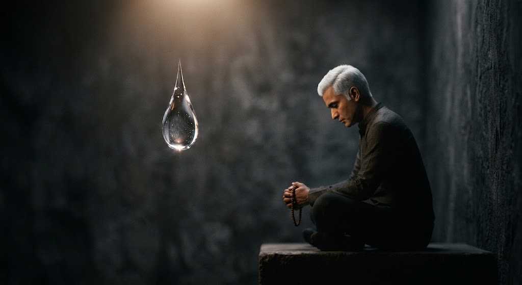 Fotografia conceitual e artística em tons escuros com iluminação suave, mostrando o detalhe de uma lágrima brilhando sob a luz, representando a sensibilidade e a purificação do coração descritas no poema.