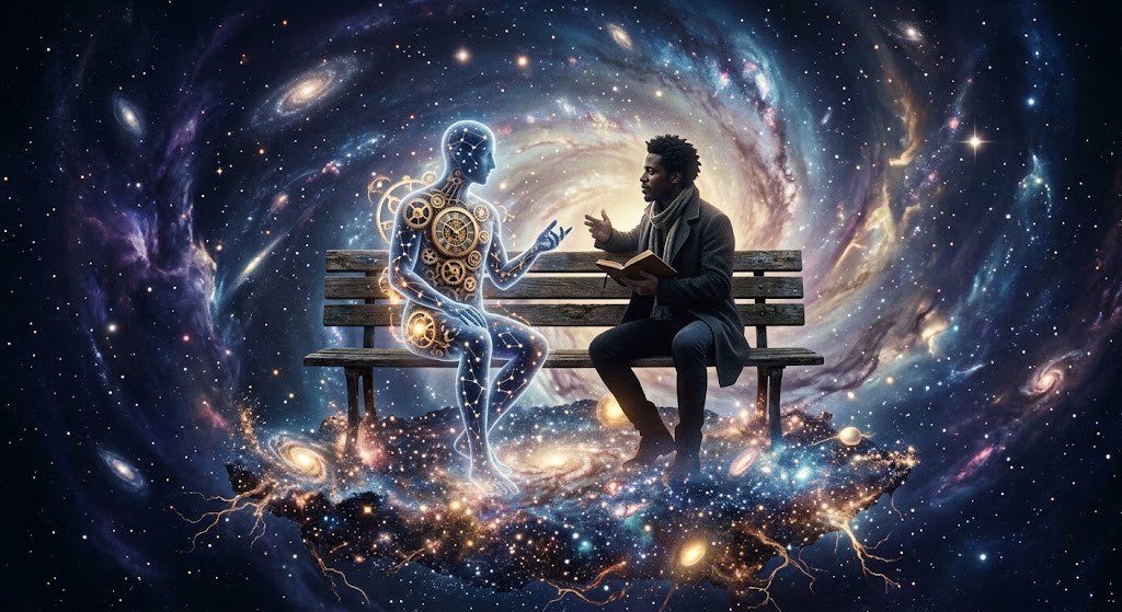 Ilustração surrealista de um banco de madeira flutuando no espaço sideral, onde um poeta conversa com a personificação do Tempo em meio a estrelas e nebulosas coloridas.
