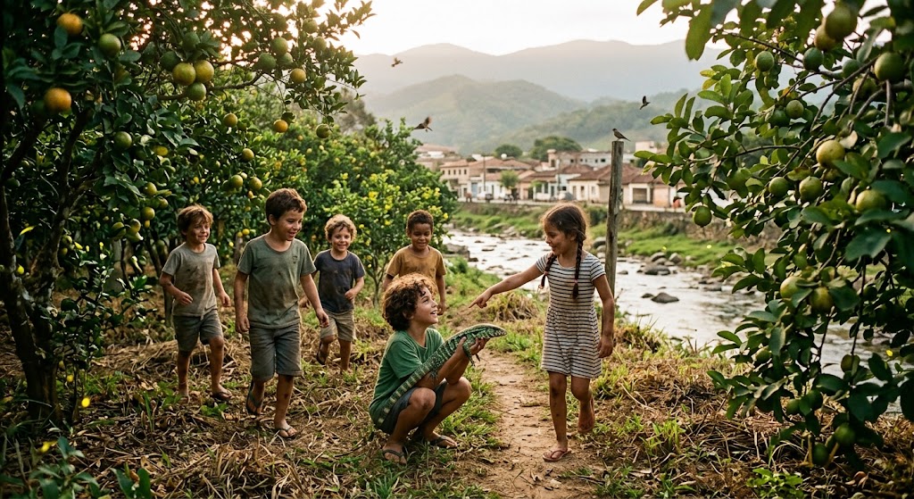 Uma cena calorosa e nostálgica de um grupo de crianças felizes brincando ao ar livre perto de uma pequena vila cercada por serras. Ao redor delas, há árvores frutíferas carregadas e vegetação abundante. No centro, um menino agachado segura com cuidado um lagarto verde enquanto uma garota ao seu lado sorri e aponta para o animal. Outras crianças se aproximam curiosas por um caminho de terra, ao lado de um rio de águas calmas. A iluminação dourada e suave do final da tarde cria uma atmosfera mágica de liberdade, natureza e infância.